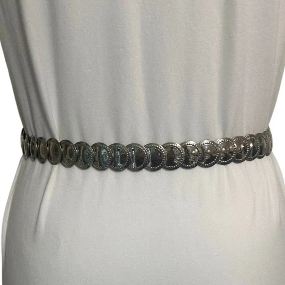 Vintage Boho-style Stretch Coin Belt Women's Medium Silver-tone Metal Disc